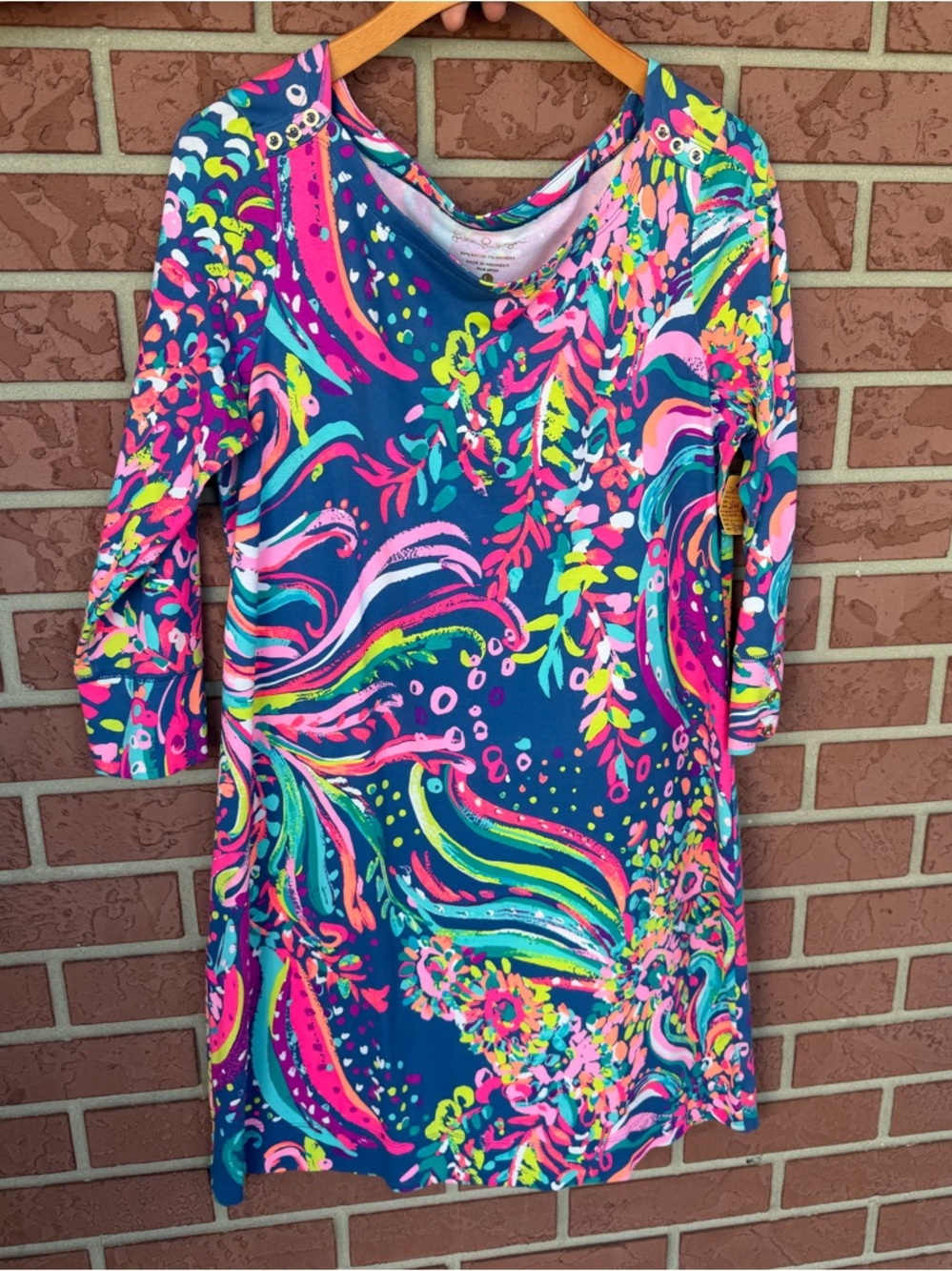 Lilly Pulitzer Navy Midi Dress with Neon Pink, Lime & Aqua Swirls